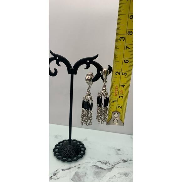 Vintage Park Lane Dangle Clip On Earrings Silver Tone Chain w/ Black Signed - Picture 3 of 5